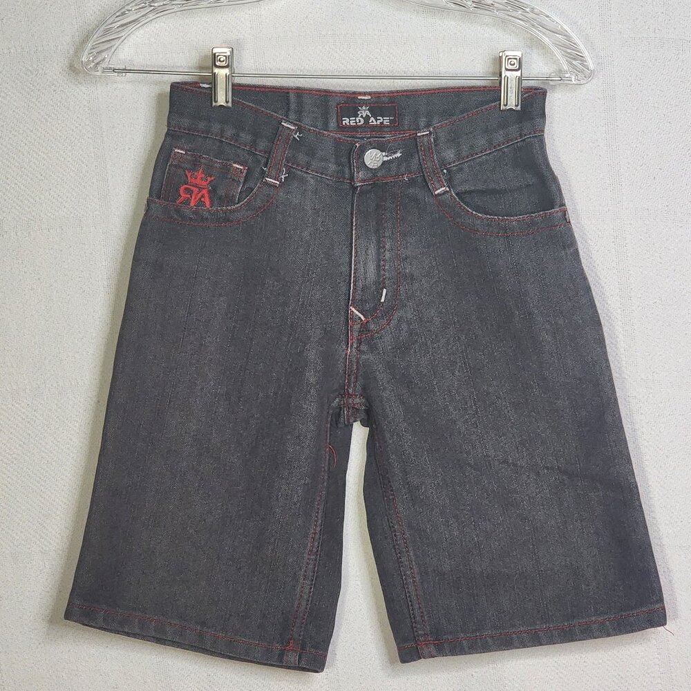 Red Ape Grey Denim Red Embroidered Paisley Print Hip Hop Skater Shorts Size 7